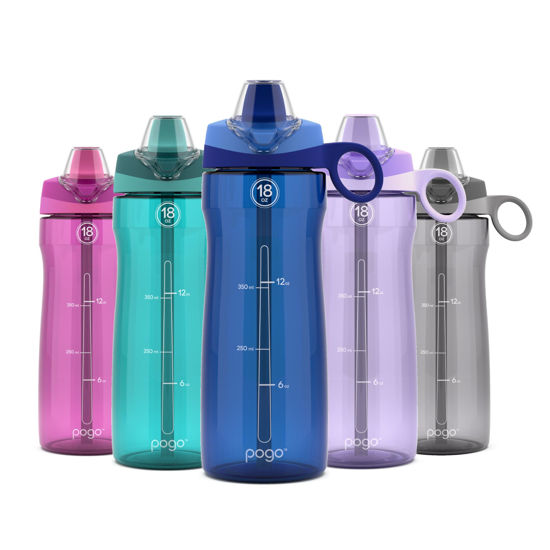 Picture of Pogo BPA-Free Plastic Water Bottle with Soft Straw Lid, 18oz. (Blue)