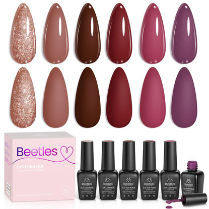 Picture of Beetles Gel Nail Polish Set 6 Pcs Burgundy Red Purple Glitter Brown Nail Polish Soak Off UV LED Nail Lamp Nail Art Manicure Salon DIY Home Gift for Women