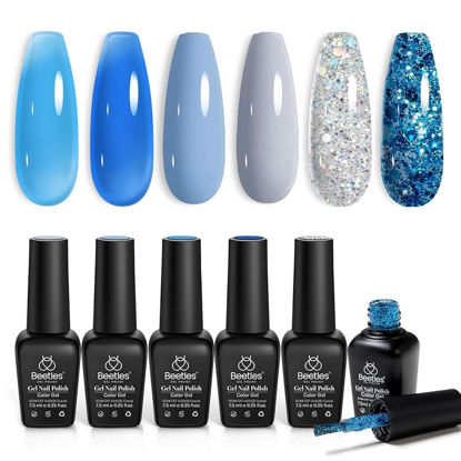 Picture of Beetles Blue Gel Polish, 6 Colors Jelly Blue Gel Polish Blue Sliver Glitter Nude Gray Translucent Gel Polish Chasing Breeze Jelly Gel Nail Art Design Soak off Nails Manicure for Girls Women