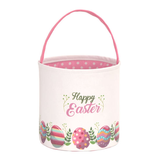 Picture of LessMo Easter Bunny Basket Egg Buckets Gifts Tote Bags, Canvas Cotton Pink Cute Personalized Egg Hunt Basket Stuffers for Easter Party