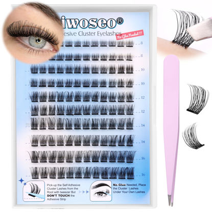 Picture of wiwoseo Self Adhesive Eyelashes Individual Cluster Natural Lashes DIY Lash Extensions Cluster Natural Look False Lashes D Curl Russian Eyelash Extensions Self Adhesive Lashes for DIY at Home(8-16MM)