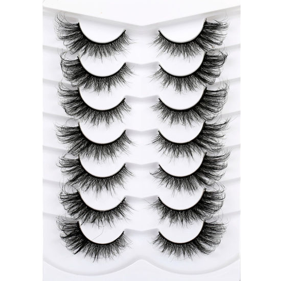 Picture of Poolunch False Eyelashes Cat Eye Swing Look Fluffy Lashes Wispy Natural Crossed 8D Foxy Fake Eyelashes Faux Mink Lashes 7 Pairs Pack