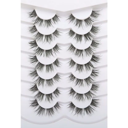 Picture of Pooplunch False Eyelashes Natural Extension-Look Clear Band 8D Short Wispy Fluffy Faux Mink Lashes Fake Eyelashes 7 Pairs Multi-pack