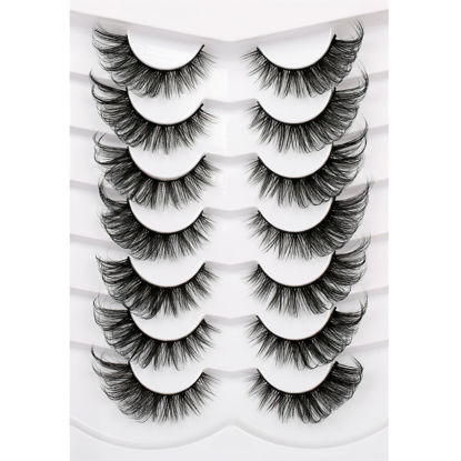 Picture of Poolunch False Eyelashes Fluffy Cat Eye Lashes 8D Wispy Natural Crossed Fake Eyelashes Multi-Layered Faux Mink Lashes 7 Pairs Pack