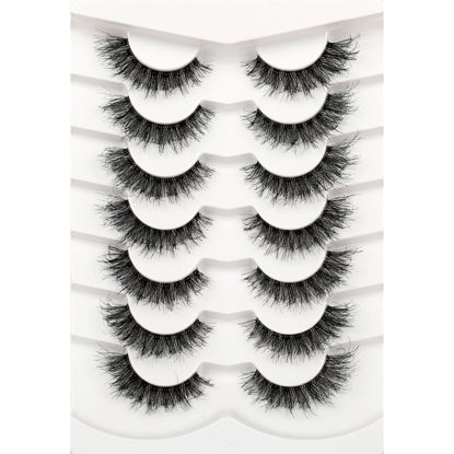 Picture of Pooplunch False Eyelashes Cat Eye Look Fluffy Lashes Wispy Natural Crossed 8D Messy Volume Faux Mink Lashes Faux Human Hair Fake Eyelash 7 Pairs Pack