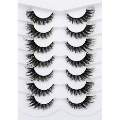 Picture of Poolunch False Eyelashes Swing Cat Eye Look Fluffy Lashes Wispy Natural Foxy Crossed 8D Fake Eyelashes Faux Mink Lashes 7 Pairs Pack