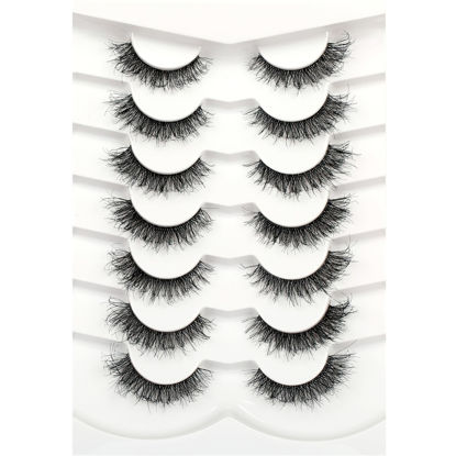 Picture of Pooplunch False Eyelashes Cat Eye Look Fluffy Natural Short Wispy Lashes 8D Crossed Extension Volume Fake Eyelashes Faux Mink Human Hair Lashes 7 Pairs Pack