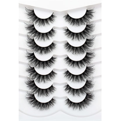 Picture of Pooplunch Fluffy Cat Eye Look False Eyelashes Curly Wispy Thick Spiky Volume Faux Mink Lashes 8D Fake Eyelash Strips 7 Pairs Multipack