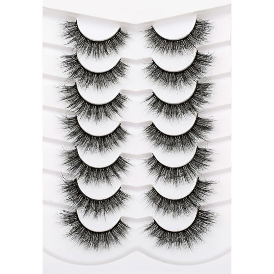 Picture of Pooplunch False Eyelashes Fake Eyelash Cat Eye Wispy Lashes 7 Pairs Fluffy Natural Volume Faux Mink Lashes Pack