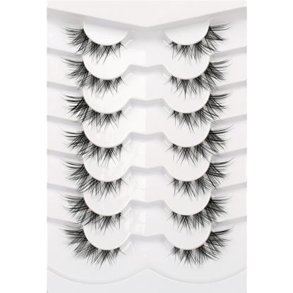 Picture of Pooplunch False Eyelashes Natural Cat Eye Look 15MM Wispy Fake Eyelashes Short Outer Corner Eye-Lifting Lash 7 Pairs Pack