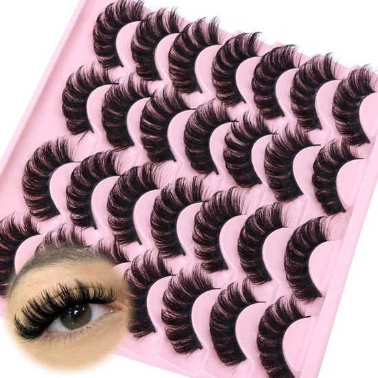 Picture of False Eyelashes Fluffy Russian Strip Lashes D Curl Cat Eye Lashes Natural Fake Eyelashes Extension Handmade Soft Reusable 14 Pairs Wispy Lashes Pack