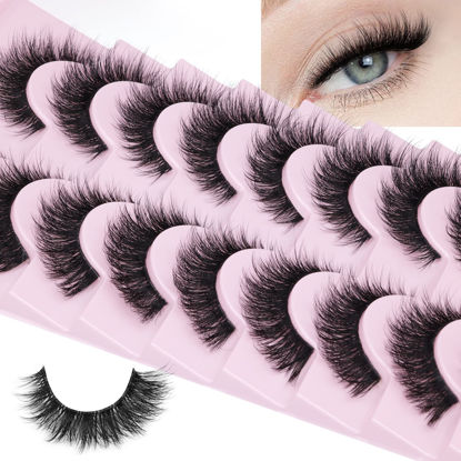 Picture of Russian Strip Lashes Cat Eye Mink Lashes Natural Wispy Eyelashes zanlufly D Curl Fluffy False Eyealshes Clear Band Volume Natural Look Fake Lashes that Look Like Extensions Eye Lashes Pack