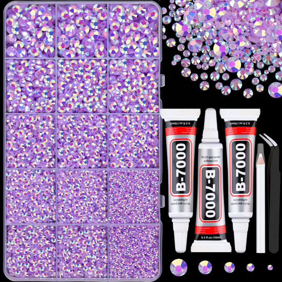 Picture of 16000Pcs Resin Jelly Rhinestones for Crafting, Lavender Purple AB Non Hotfix Flatback Gems, Bedazzling Crystal with 3Pcs 10ml B7000 Jewelry Glue for DIY Crafts Clothing Tumblers Shoes Nail Art