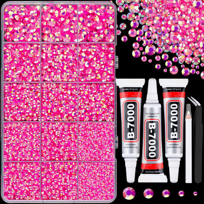 Picture of 16000Pcs Resin Jelly Rhinestones for Crafting, Hot Pink AB Flatback Gems, Bedazzling Crystal with 3Pcs 10ml B7000 Jewelry Glue for DIY Crafts Clothing Tumblers Shoes Fabric Nail Art