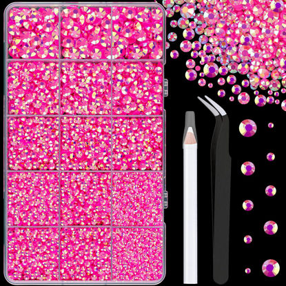 Picture of 16000Pcs Resin Jelly Rhinestones with Tweezers for Crafting, Hot Pink AB 2-6mm Mixed Sizes Flatback Gems, Bedazzling Crystal for DIY Crafts Clothing Tumblers Mugs Shoes Fabric Nail Art