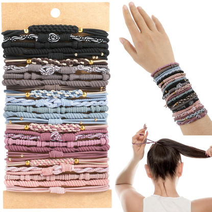 Picture of Hair Accessories, 25 PCS of 5 Styles Boho Hair Tie Bracelets with Beads - Cute Elastic Bands for Thick or Thin Hair, No Damage, Pink for Girls and Women