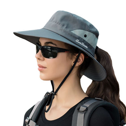 Picture of PFFY Ponytail Sun Bucket Hat for Women 3” Wide Brim UPF 50+ Bucket Fishing Beach Hats Grey