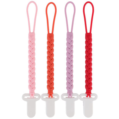 Picture of 4-Pack Silicone Pacifier Clips with a Woven Rope Shape for Baby Boys and Girls - Flexible and Rust-Free Holders for Teething Relief and Baby Essentials, Safe for Newborns (Pink)