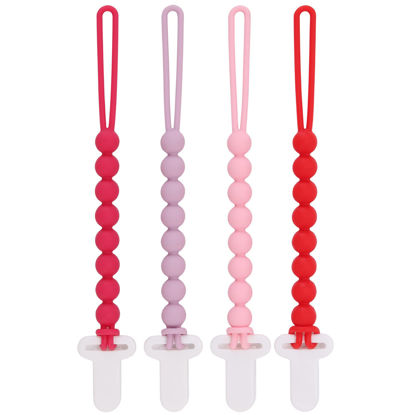 Picture of 4-Pack Silicone Pacifier Clips with One-Piece Beads for Baby Boys and Girls - Flexible and Rust-Free Holders for Teething Relief and Baby Essentials, Safe for Newborns (Pink)