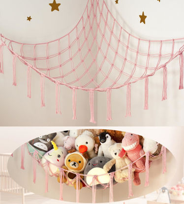 Picture of Large Stuffed Animal Storage Hammock Corner Net - Pink Room Decor for Teen Girls - Toys Storage Hanging Stuff Animal Organizer Holder Cute Stuff - Boho Nursery Dorm Bedoom Decor Aesthetic