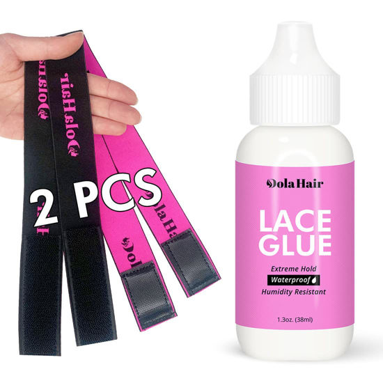 Picture of Dolahair Lace Glue for Wigs, Wig Glue for Front Lace Wig Waterproof Super Hold Hair Glue for Weave, Invisible Hair Bonding Glue Extreme Hold for Hair Systems (Lace Glue+2 Wig Bands)