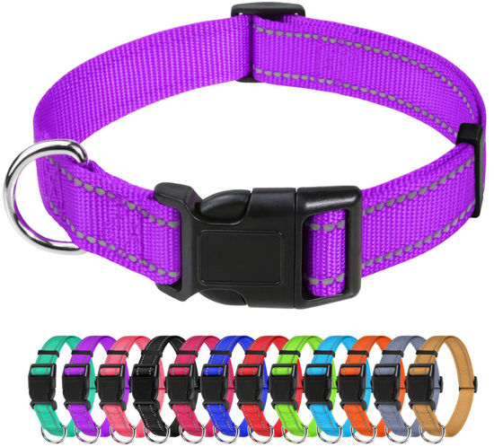 Picture of TagME Reflective Nylon Dog Collars, Adjustable Classic Dog Collar with Quick Release Buckle for Large Dogs, Purple, 1.0" Width