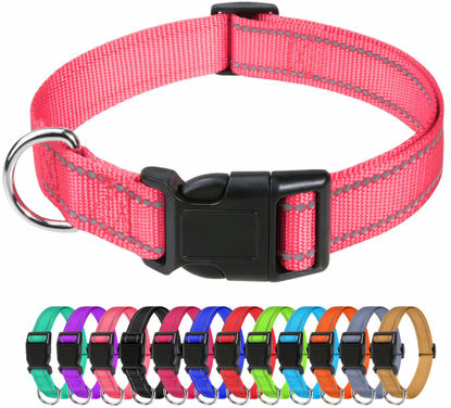 Picture of TagME Reflective Nylon Dog Collars, Adjustable Classic Dog Collar with Quick Release Buckle for Large Dogs, Baby Pink, 1.0" Width