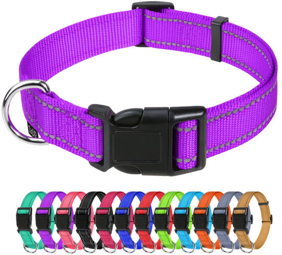 Picture of TagME Reflective Nylon Dog Collars, Adjustable Classic Dog Collar with Quick Release Buckle for Extra Large Dogs, Purple, 1¼" Width