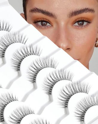 Picture of Wispy Eyelashes Natural looking Thin Band Strip Lashes Natural Look C Curl Reusable 14mm Fluffy False Eyelashes 7 Pairs S1