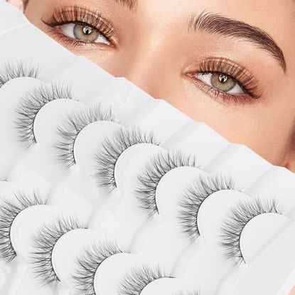 Picture of False Eyelashes Wispy Lashes Natural Look Wispies Eyelashes 7 Pairs Soft Faux Mink Lashes 3D Volume Fluffy Fake Eyelashes Packs