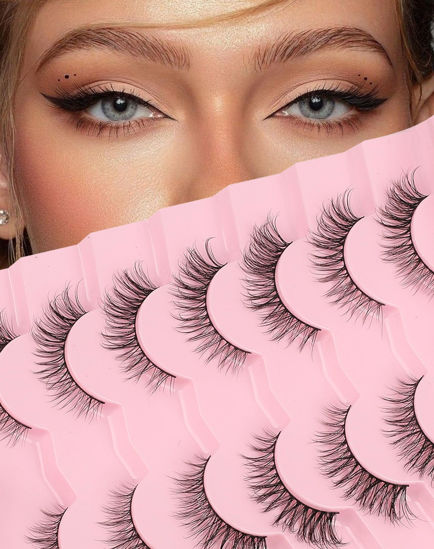 Picture of Cat Eye Lashes Short Wispy Strip Lashes that Look Like Extensions Natural Mink Lashes Fluffy Thin Band Fake Eyelashes C Curl Volume Eye Lashes Pack 15mm 77-Hashtag