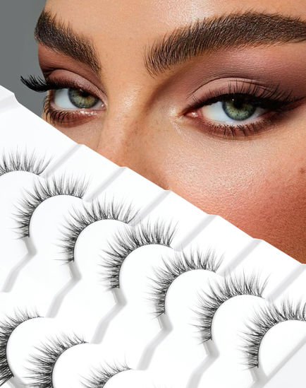 Picture of False Eyelashes Cat Eye Look Natural Short Lashes 3D Wispy Fake Eyelashes Foxy Eye Lashes 12mm Fluffy Wispies False Lashes Pack 7 Pairs S5