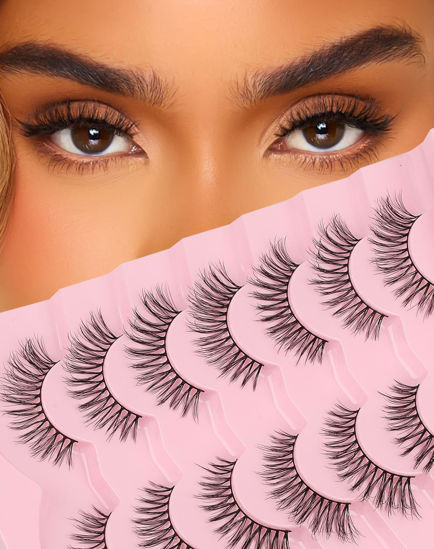 Picture of Wispy Cat Eye Lashes Natural Look Thin Band Spiky Lashes C Curl Short Mink Lashes 3D Volume Faux Mink Lashes Natural Fake Eyelashes 80-Shoutout