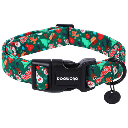 Picture of DOGWONG Christmas Cotton Dog Collar, Green Santa Christmas Dog Collar Durable Soft Fabric Pet Dog Collar Cute Puppy Necklace for Small Medium Large Dog