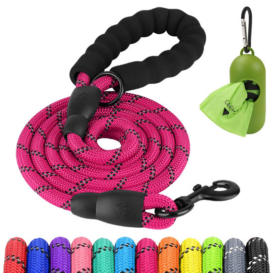 Picture of Joytale 6/5/4 FT Leashes for Small Medium Breed Dogs, Heavy Duty Nylon Braided Rope Dog Leash, Comfortable Padded Handle Strong Leashes with Poop Bags and Dispenser, Hotpink, 5'×3/8''