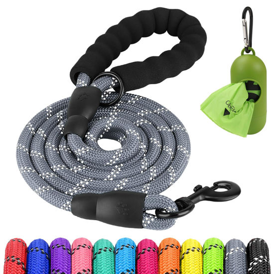 Picture of Joytale 6/5/4 FT Leashes for Small Medium Breed Dogs, Heavy Duty Nylon Braided Rope Dog Leash, Comfortable Padded Handle Strong Leashes with Poop Bags and Dispenser, Gray, 5'×3/8''