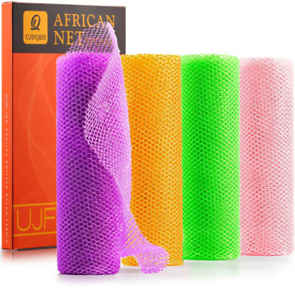 Picture of 4 Pieces African Net Sponge African Net Long Net Bath Sponge Exfoliating Shower Body Scrubber Back Scrubber Skin Smoother,Great for Daily Use (Purple, Orange, Green, Pink)