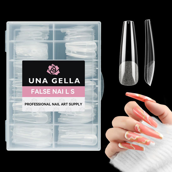 Picture of UNA GELLA Extra Long Coffin Nail Tips XXL Soft Gel Nail Tips 216pcs Coffin Pre-shape Press On Nails No C Curve Full Cover Ballerina Nail Tip Clear Fake Nail for Acrylic Nail Soak Off DIY Salon 12Sizes