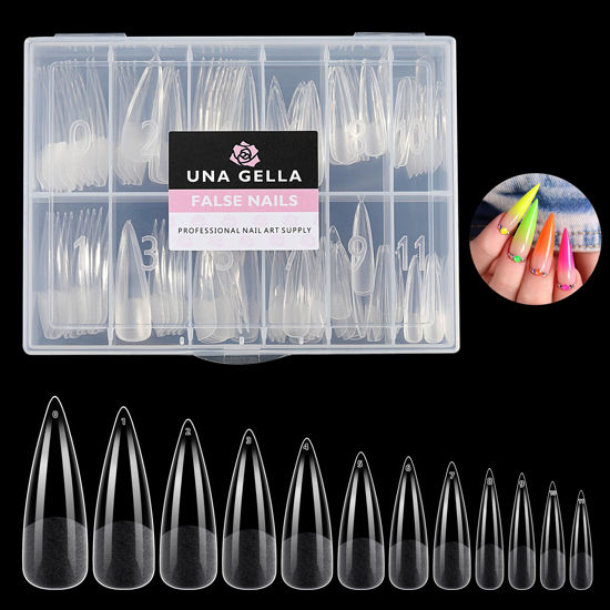 Picture of UNA GELLA Stiletto XXL Nail Tips No Need File Extra Long Stiletto Nails Full Cover 120PCS Long Stiletto Gel X Nail Tips Pre-buff Press on Fake Nails for Gel Nail Extension Home DIY Salon 12 Size