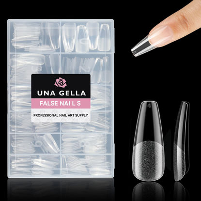 Picture of UNA GELLA Long Coffin Nail Tips, 312Pcs Gel X Nail Tips Coffin Pre-Shape, Half Matte Full Cover Nail Tips Clear False Fake Nails L Coffin Tips for Nail Extension DIY Art Salon 12 Sizes