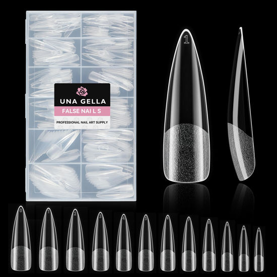 Picture of UNA GELLA Extra Long Stiletto Nail Tips, 312pcs XXL Nail Tips Stiletto Pre-shape Half Matte Full Cover Nail Tips No need File Clear Stiletto Fake Nails for Nail Extension DIY Art Salon 12 Sizes