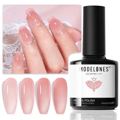 Picture of modelones Nude Pink Gel Nail Polish, 15 ML Jelly Gel Polish Sheer Neutral Color Long Nails Natural Translucent Soak Off U V Gel Nails for Women Nail Art French Manicure at Home