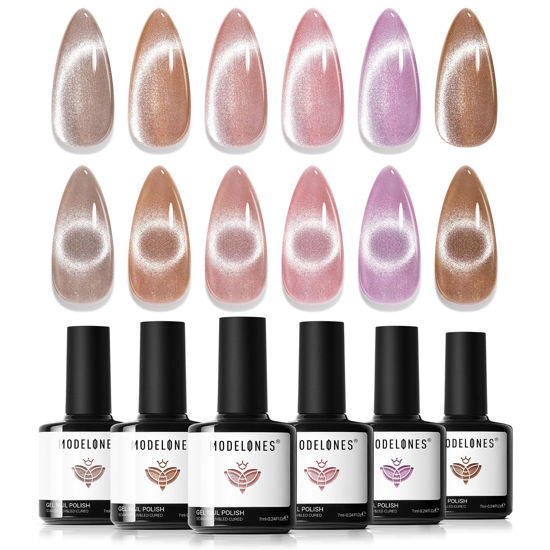 Picture of modelones Cat Eye Gel Nail Polish Set, 6 Colors Holographic 9D Cat Eye Glitter Gel Polish Semi-transparent Nude Pink Brown Purple Nail Gel Polish with Magnet Soak Off Led Nail Art Gel DIY Salon Gifts