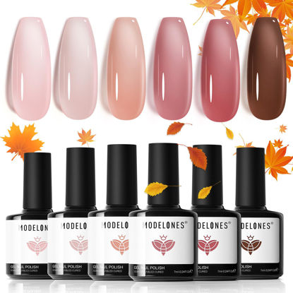 Picture of modelones Gel Nail Polish Set 6 Colors, Jelly Nude Sheer Crystal Kit, Neutral Clear Pink Red Brown Translucent Manicure, Transparent Nails Art, Fall Trend Home DIY Gift Collection