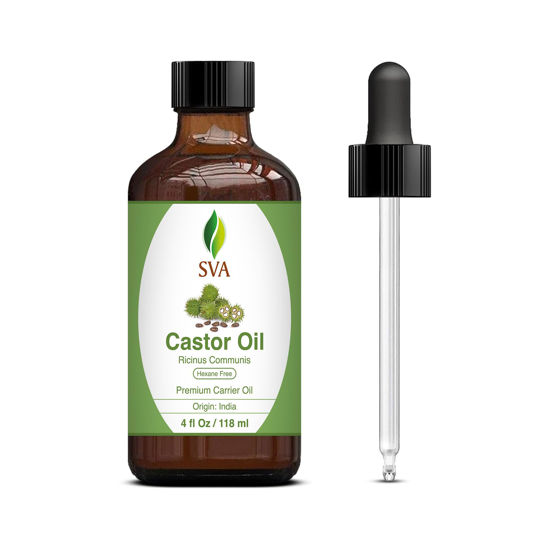 Picture of SVA Castor Seed Oil - 4 Fl Oz - 100% Natural Cold Pressed Castor Oil - for Face, Skin Care, Hair Care, Scalp Massage & Body Massage - Carrier Oil with Dropper