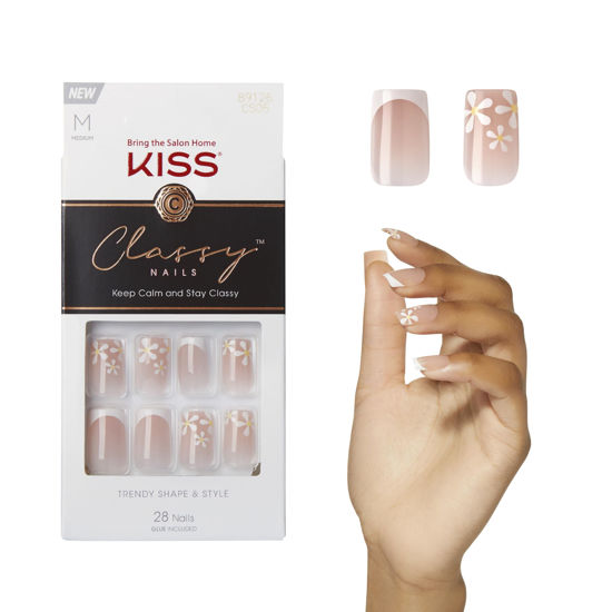 Picture of KISS Classy Press On Nails, Nail glue included, 'Stay Charmed', White, Medium Size, Square Shape, Includes 28 Nails, 2g glue, 1 Manicure Stick, 1 Mini File