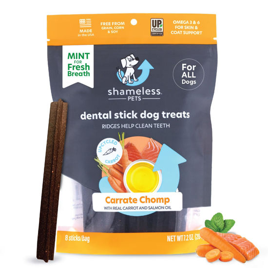 Picture of Shameless Pets Dental Treats for Dogs, Carrate Chomp - Healthy Dental Sticks with Skin & Coat Support for Teeth Cleaning & Fresh Breath - Dog Bones Dental Chews Free from Grain, Corn & Soy