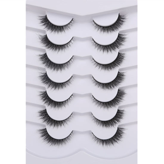 Picture of Pooplunch False Eyelashes Extension Volume Cat Eye Look Natural Wispy Lashes Fluffy Short 8D Fake Eyelashes Faux Mink Lashes 7 Pairs Pack