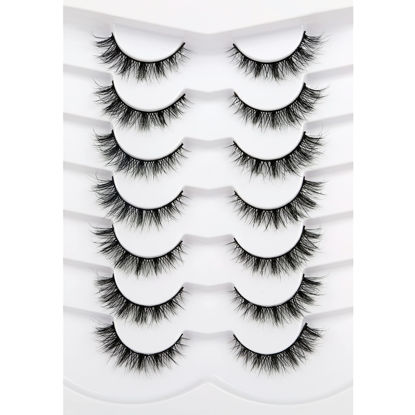 Picture of Pooplunch False Eyelashes Cat Eye Lashes Natural Look Wispy Short Fluffy 8D Faux Mink Lashes Wispies Fake Eyelashes Strips 7 Pairs Multipack