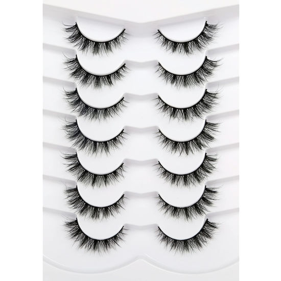 Picture of Pooplunch False Eyelashes Cat Eye Lashes Natural Look Wispy Short Fluffy 8D Faux Mink Lashes Wispies Fake Eyelashes Strips 7 Pairs Multipack